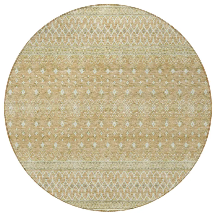8' Copper Ivory And Olive Green Round Tribal Washable Indoor Outdoor Area Rug