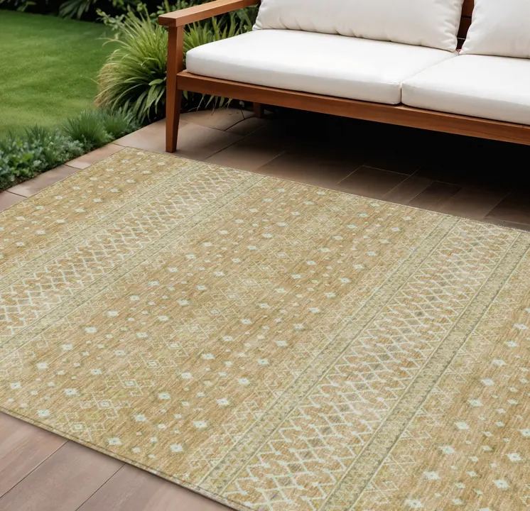 8' X 10' Copper Ivory And Olive Green Tribal Washable Indoor Outdoor Area Rug