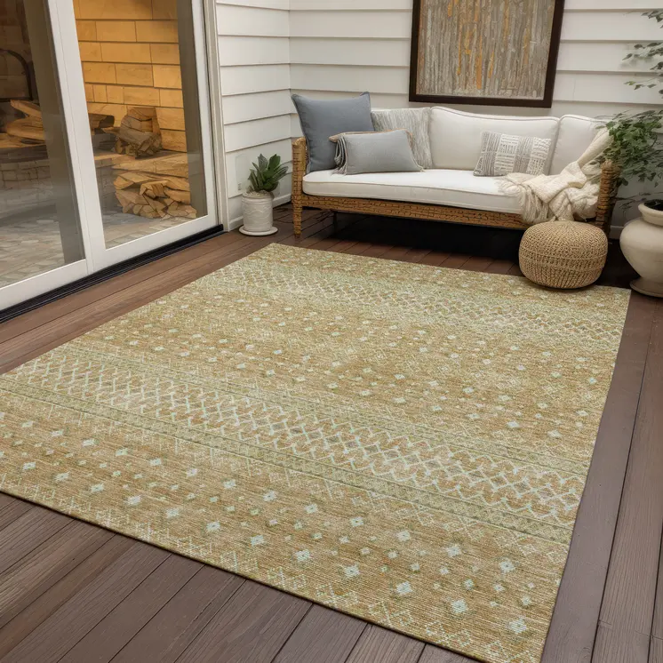 8' X 10' Copper Ivory And Olive Green Tribal Washable Indoor Outdoor Area Rug