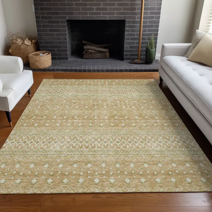 8' X 10' Copper Ivory And Olive Green Tribal Washable Indoor Outdoor Area Rug