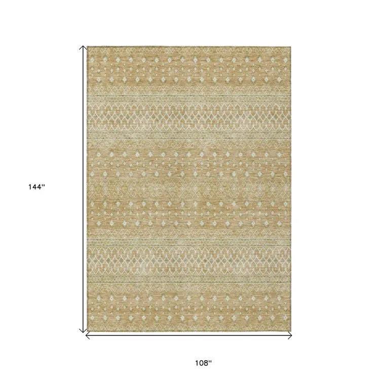 9' X 12' Copper Ivory And Olive Green Tribal Washable Indoor Outdoor Area Rug