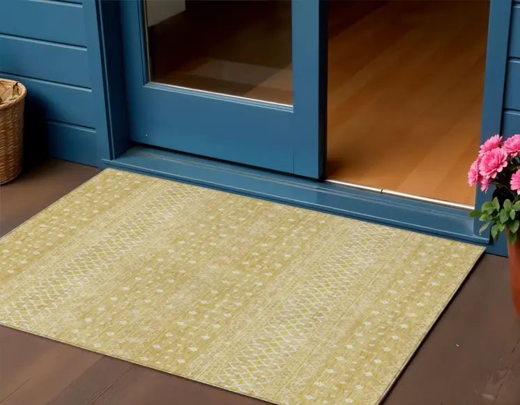 3' X 5' Gold Ivory And Taupe Tribal Washable Indoor Outdoor Area Rug