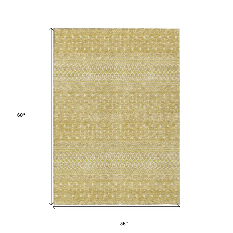 3' X 5' Gold Ivory And Taupe Tribal Washable Indoor Outdoor Area Rug