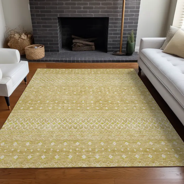3' X 5' Gold Ivory And Taupe Tribal Washable Indoor Outdoor Area Rug