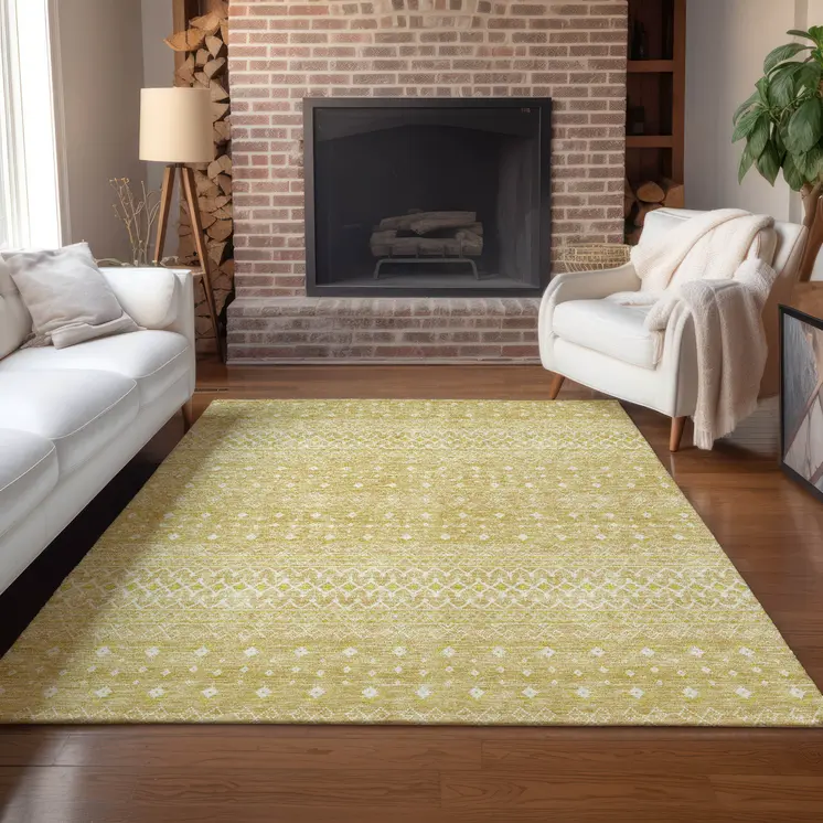 3' X 5' Gold Ivory And Taupe Tribal Washable Indoor Outdoor Area Rug