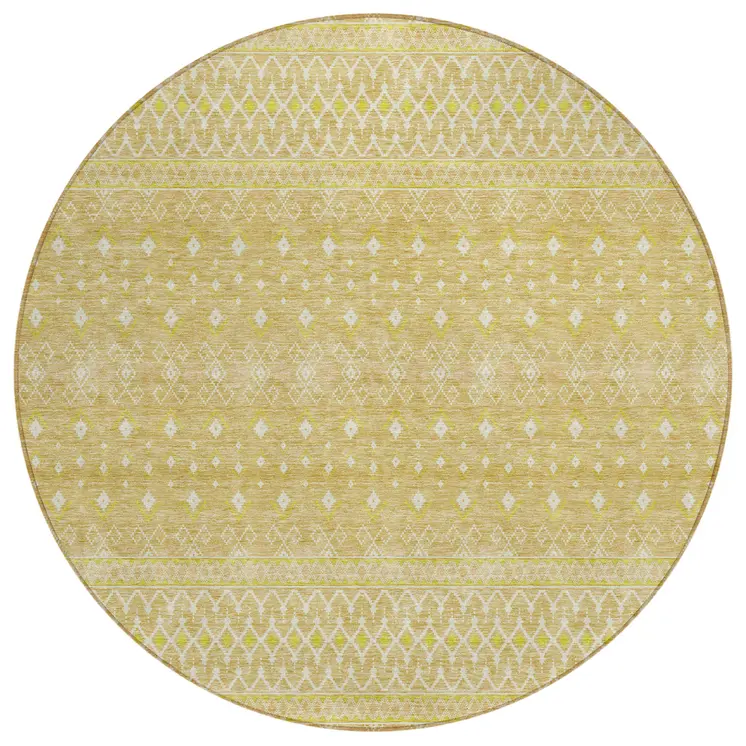 8' Gold Ivory And Taupe Round Tribal Washable Indoor Outdoor Area Rug