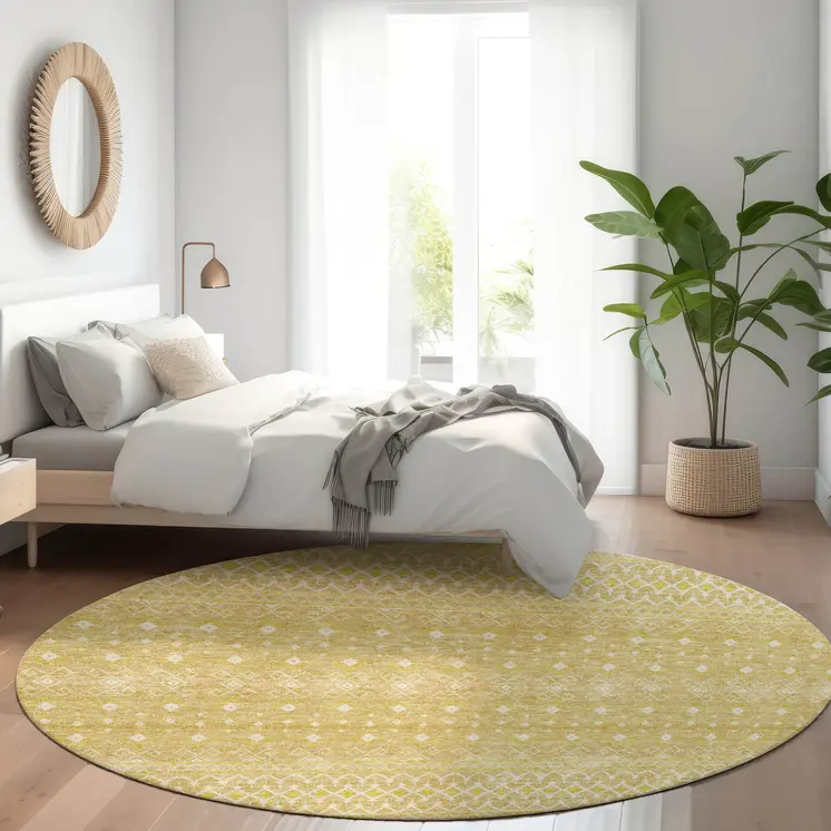 8' Gold Ivory And Taupe Round Tribal Washable Indoor Outdoor Area Rug
