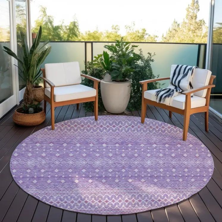 8' Lavender And Purple Round Tribal Washable Indoor Outdoor Area Rug