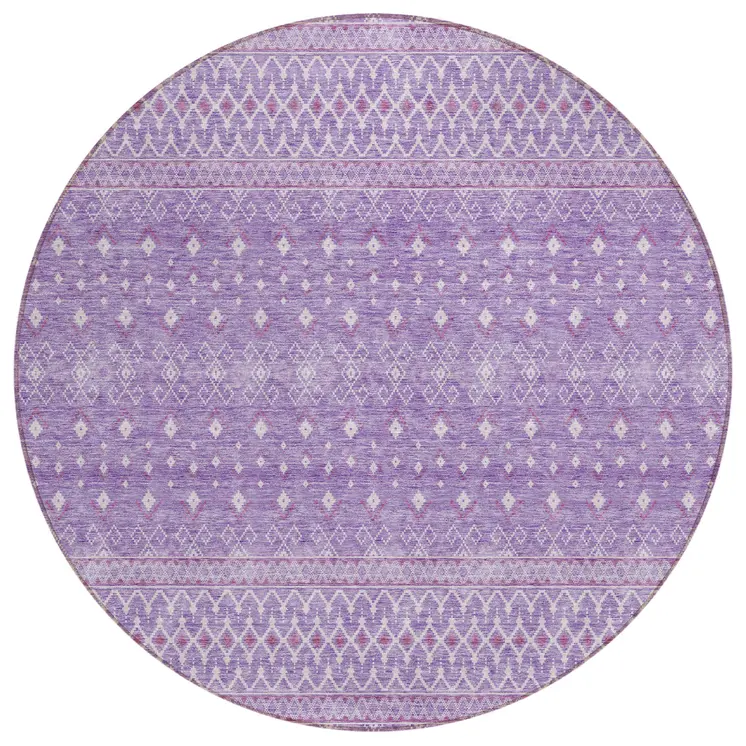 8' Lavender And Purple Round Tribal Washable Indoor Outdoor Area Rug