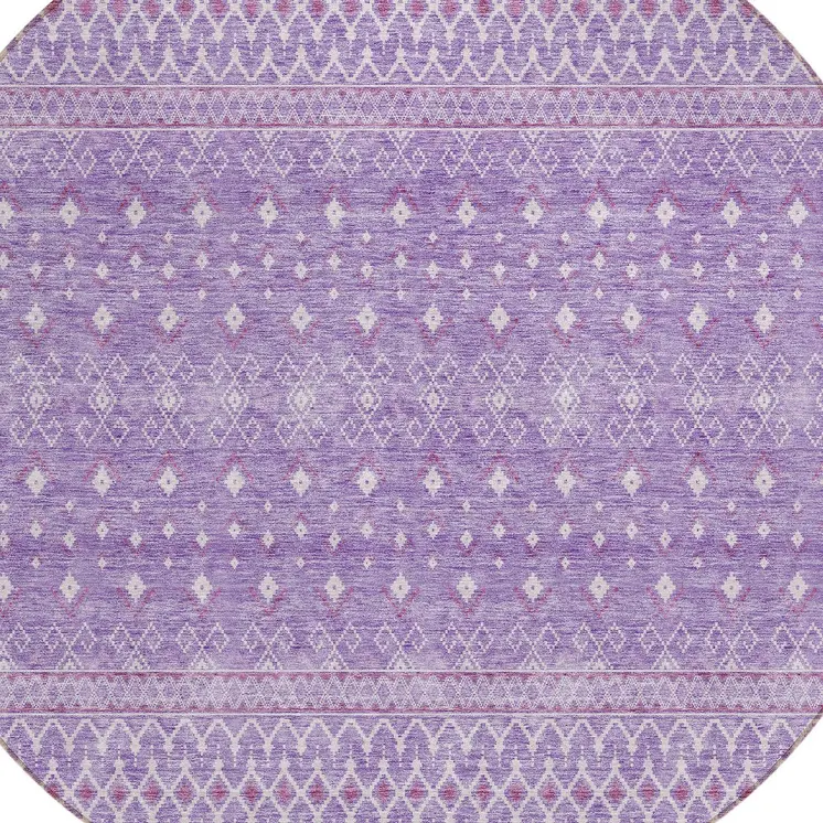 8' Lavender And Purple Round Tribal Washable Indoor Outdoor Area Rug