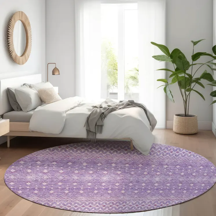 8' Lavender And Purple Round Tribal Washable Indoor Outdoor Area Rug