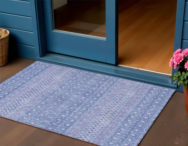 3' X 5' Sky Blue Purple And Ivory Tribal Washable Indoor Outdoor Area Rug