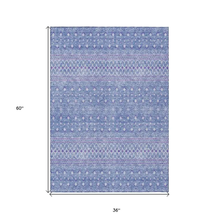 3' X 5' Sky Blue Purple And Ivory Tribal Washable Indoor Outdoor Area Rug