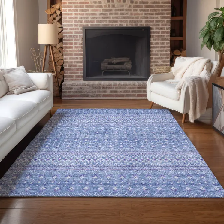3' X 5' Sky Blue Purple And Ivory Tribal Washable Indoor Outdoor Area Rug