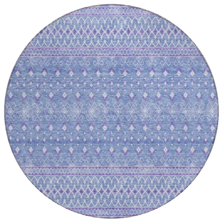 8' Sky Blue Purple And Ivory Round Tribal Washable Indoor Outdoor Area Rug