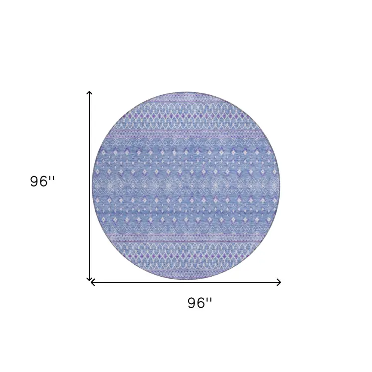 8' Sky Blue Purple And Ivory Round Tribal Washable Indoor Outdoor Area Rug