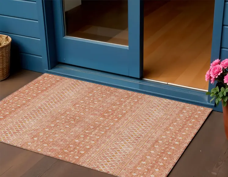 3' X 5' Salmon Gold And Ivory Tribal Washable Indoor Outdoor Area Rug