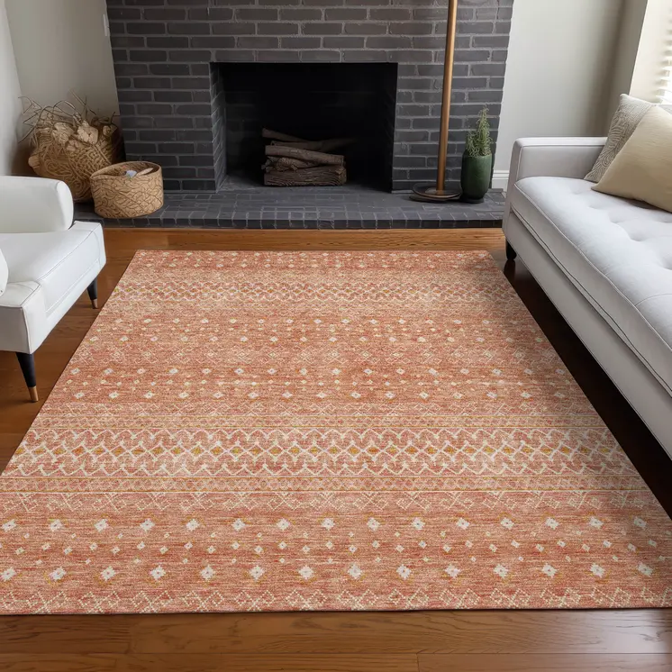 3' X 5' Salmon Gold And Ivory Tribal Washable Indoor Outdoor Area Rug