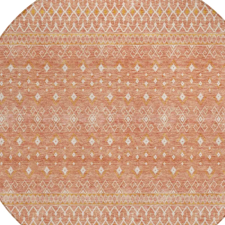 8' Salmon Gold And Ivory Round Tribal Washable Indoor Outdoor Area Rug