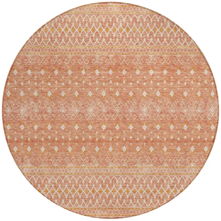 8' Salmon Gold And Ivory Round Tribal Washable Indoor Outdoor Area Rug