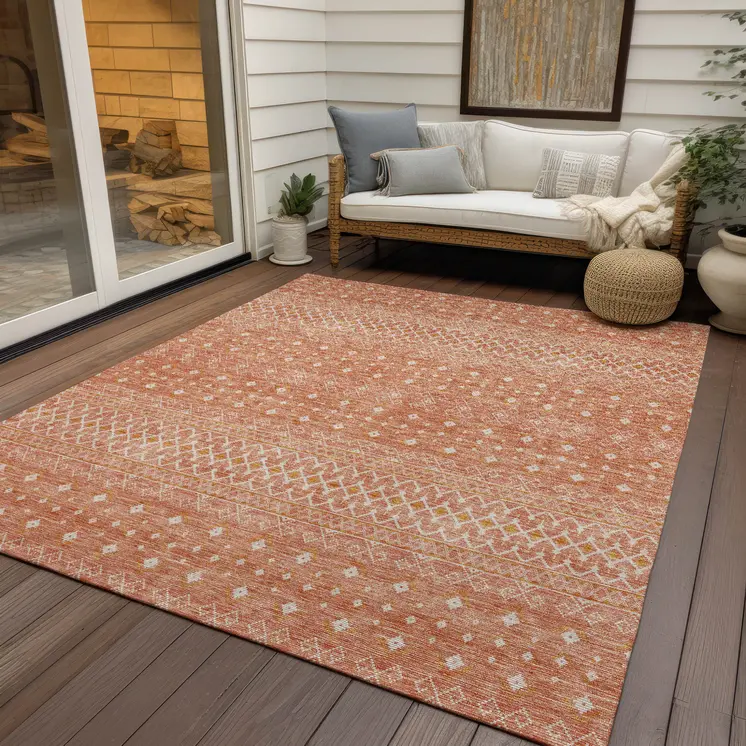 9' X 12' Salmon Gold And Ivory Tribal Washable Indoor Outdoor Area Rug