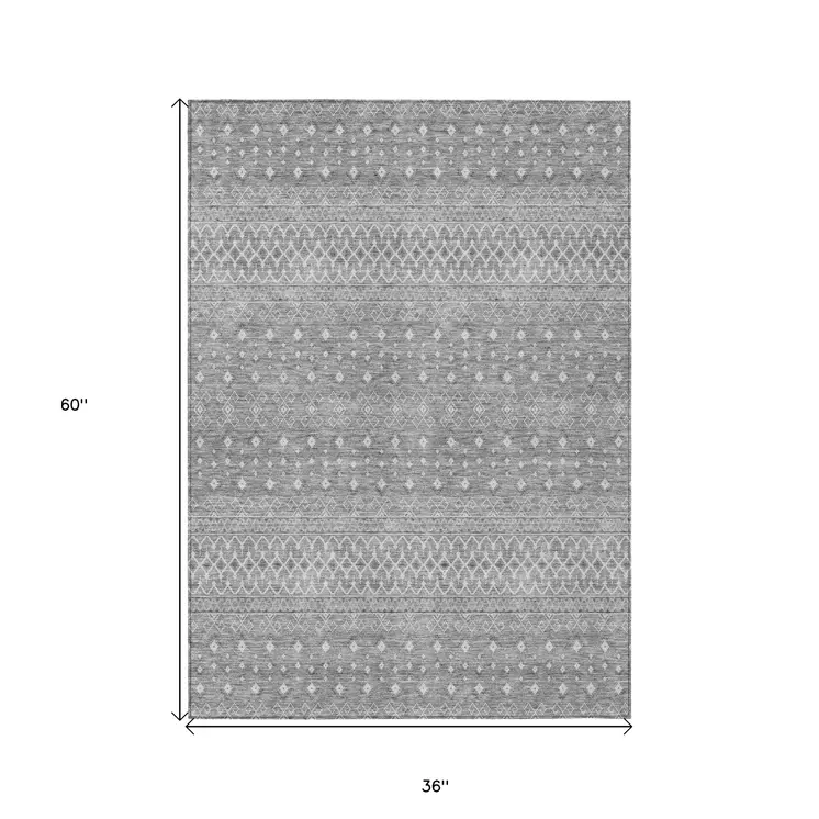 3' X 5' Silver Gray And Ivory Tribal Washable Indoor Outdoor Area Rug