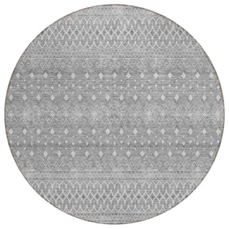 8' Silver Gray And Ivory Round Tribal Washable Indoor Outdoor Area Rug