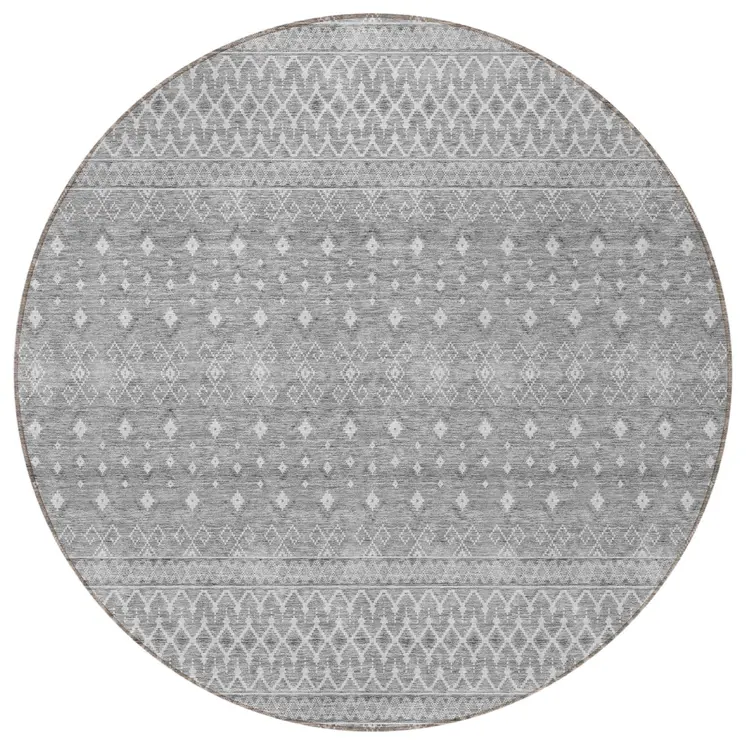 8' Silver Gray And Ivory Round Tribal Washable Indoor Outdoor Area Rug
