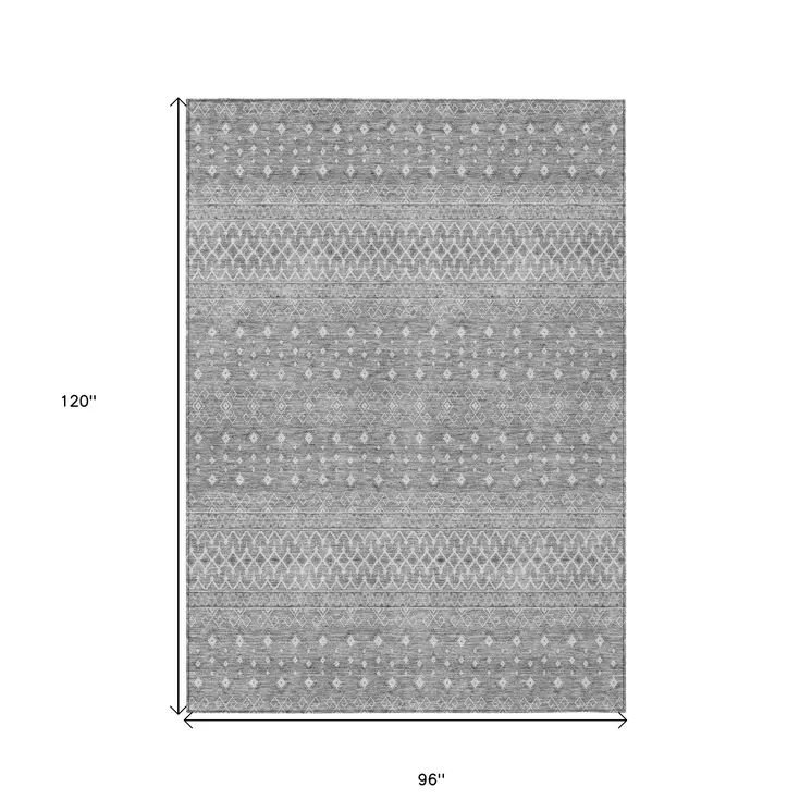8' X 10' Silver Gray And Ivory Tribal Washable Indoor Outdoor Area Rug