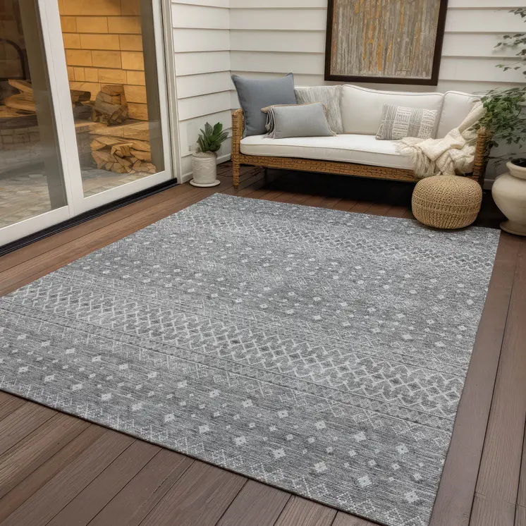 8' X 10' Silver Gray And Ivory Tribal Washable Indoor Outdoor Area Rug