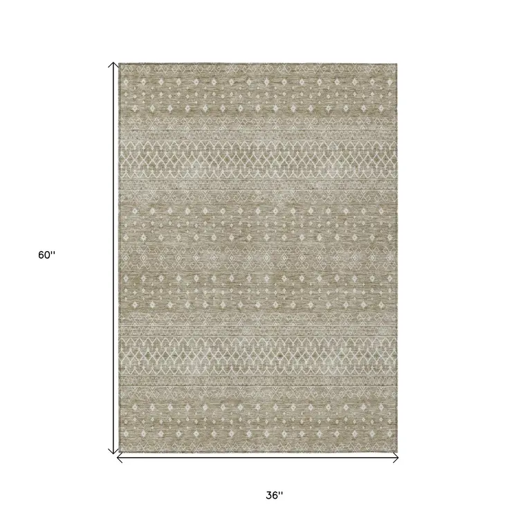 3' X 5' Taupe Green And Ivory Tribal Washable Indoor Outdoor Area Rug