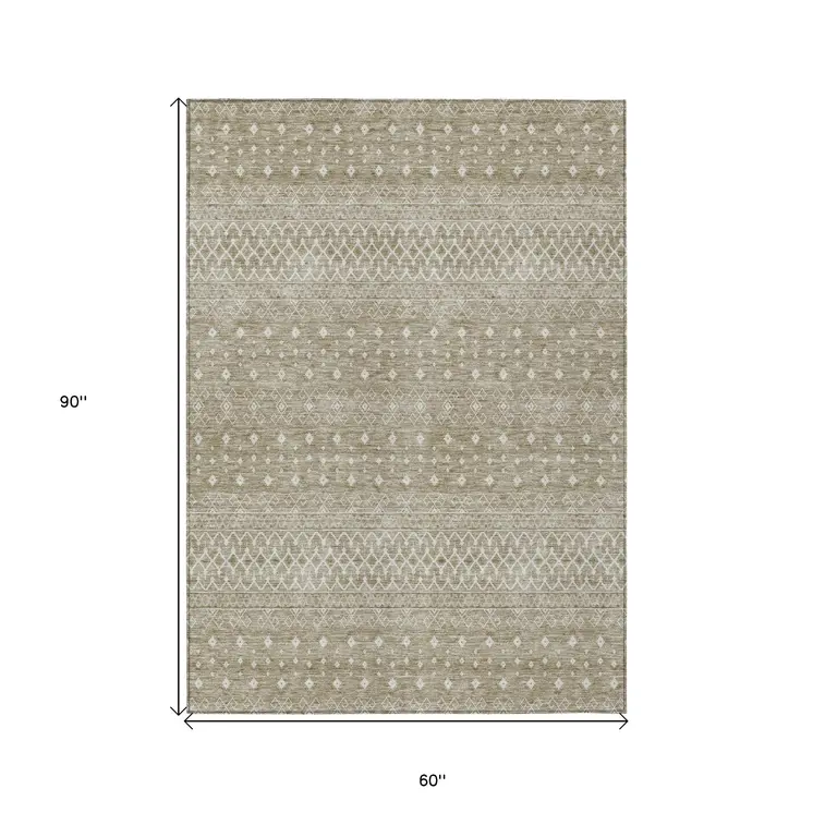5' X 8' Taupe Green And Ivory Tribal Washable Indoor Outdoor Area Rug