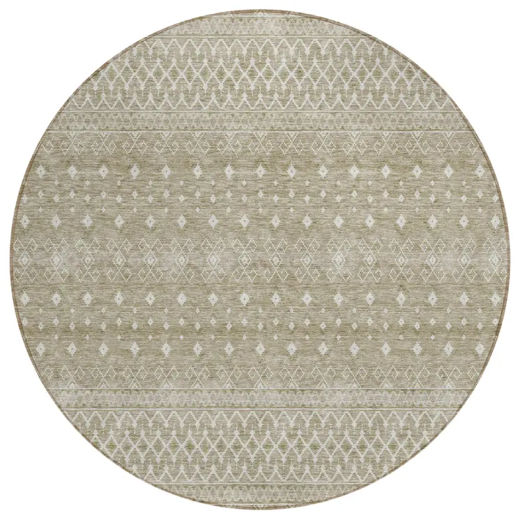 8' Taupe Green And Ivory Round Tribal Washable Indoor Outdoor Area Rug