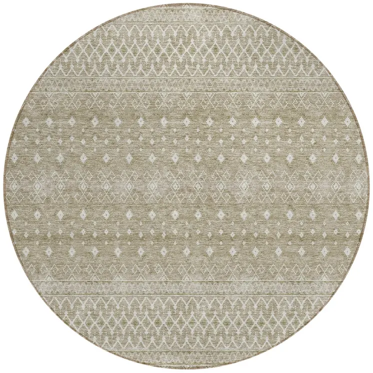 8' Taupe Green And Ivory Round Tribal Washable Indoor Outdoor Area Rug