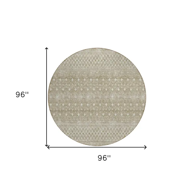 8' Taupe Green And Ivory Round Tribal Washable Indoor Outdoor Area Rug