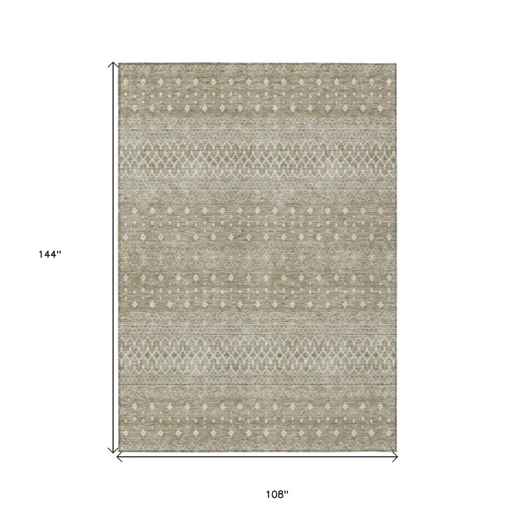9' X 12' Taupe Green And Ivory Tribal Washable Indoor Outdoor Area Rug