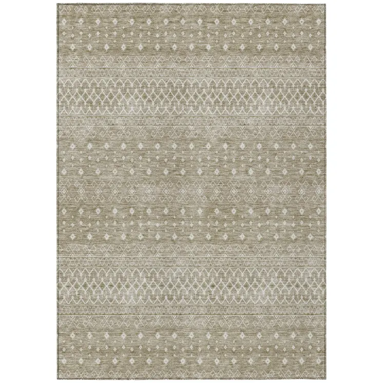 9' X 12' Taupe Green And Ivory Tribal Washable Indoor Outdoor Area Rug