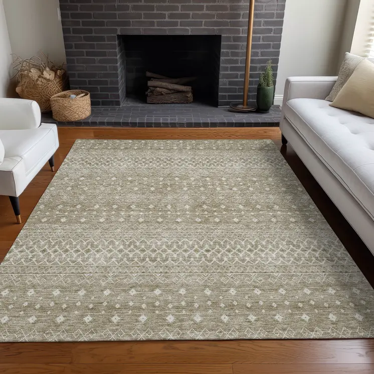 9' X 12' Taupe Green And Ivory Tribal Washable Indoor Outdoor Area Rug
