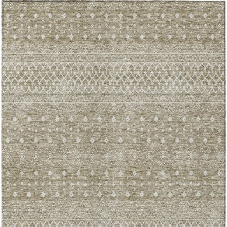 10' X 14' Taupe Green And Ivory Tribal Washable Indoor Outdoor Area Rug