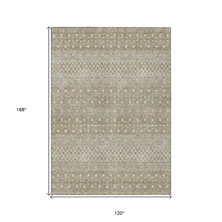 10' X 14' Taupe Green And Ivory Tribal Washable Indoor Outdoor Area Rug