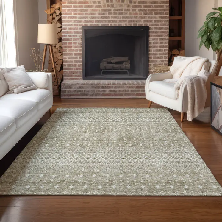 10' X 14' Taupe Green And Ivory Tribal Washable Indoor Outdoor Area Rug