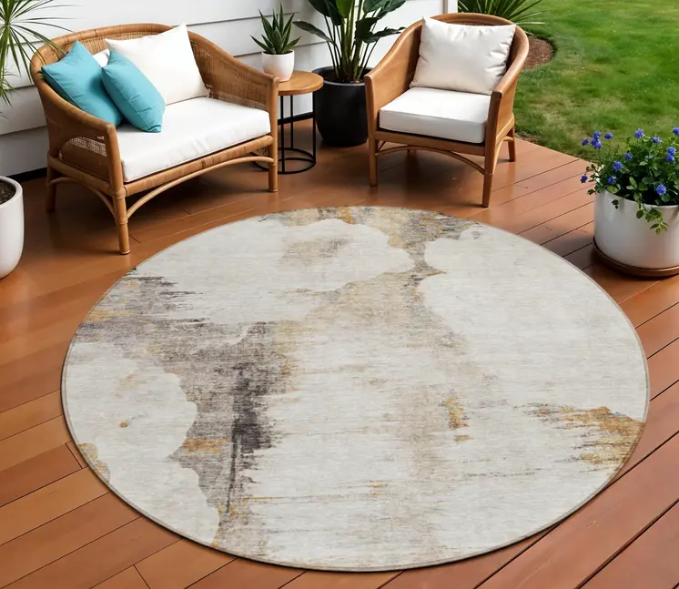 8' Beige Ivory And Taupe Round Abstract Washable Indoor Outdoor Area Rug