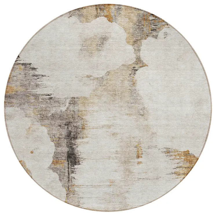 8' Beige Ivory And Taupe Round Abstract Washable Indoor Outdoor Area Rug