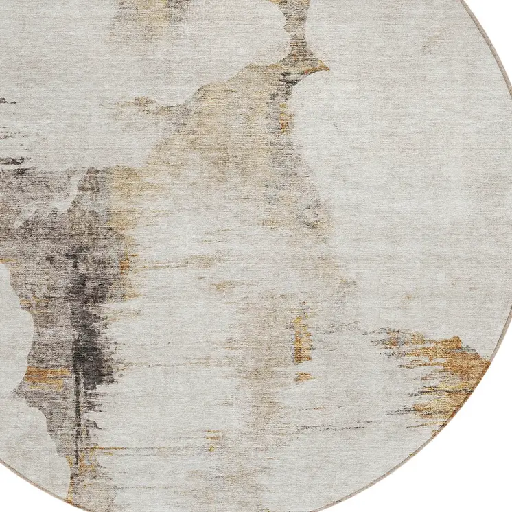 8' Beige Ivory And Taupe Round Abstract Washable Indoor Outdoor Area Rug