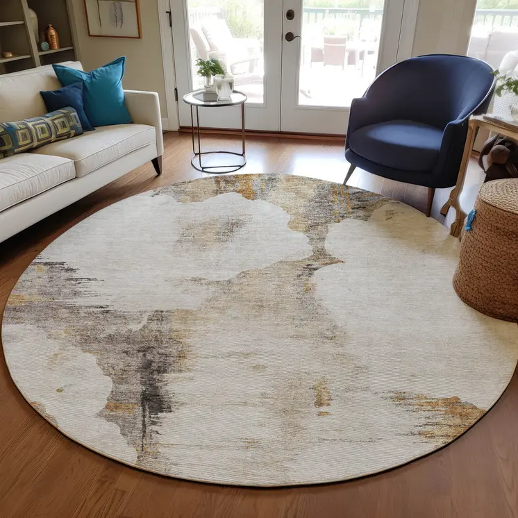 8' Beige Ivory And Taupe Round Abstract Washable Indoor Outdoor Area Rug