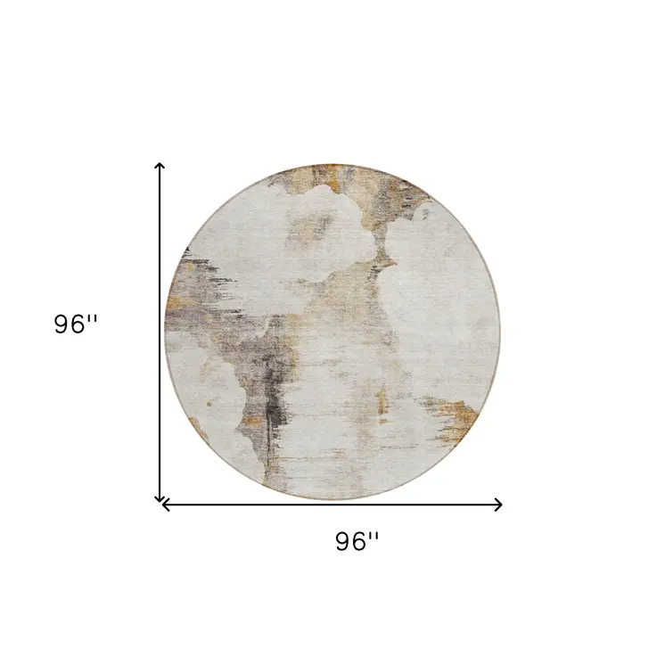 8' Beige Ivory And Taupe Round Abstract Washable Indoor Outdoor Area Rug