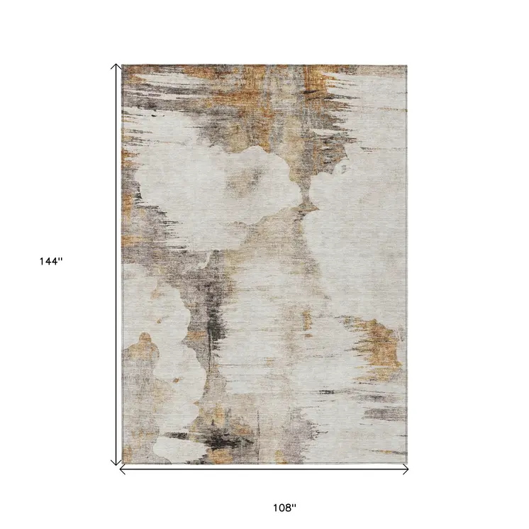9' X 12' Beige Ivory And Taupe Abstract Washable Indoor Outdoor Area Rug
