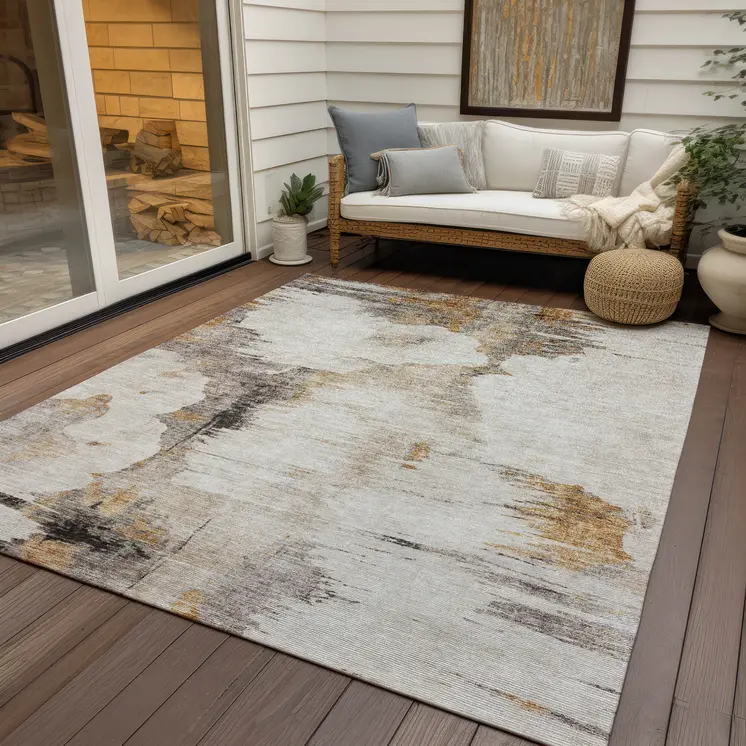 9' X 12' Beige Ivory And Taupe Abstract Washable Indoor Outdoor Area Rug