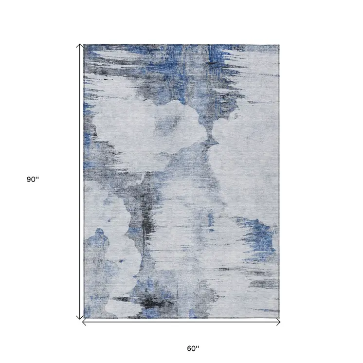 5' X 8' Navy Blue And Ivory Abstract Washable Indoor Outdoor Area Rug