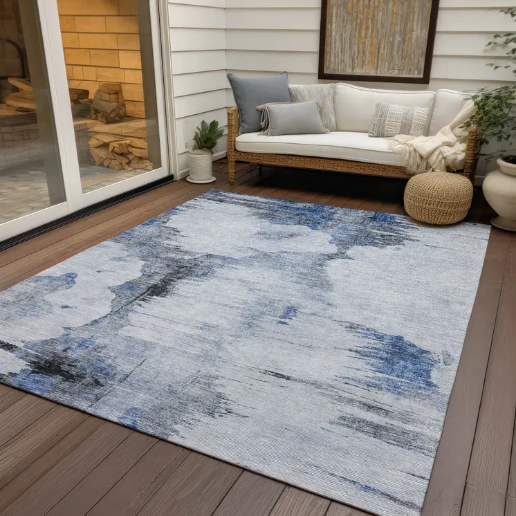 5' X 8' Navy Blue And Ivory Abstract Washable Indoor Outdoor Area Rug